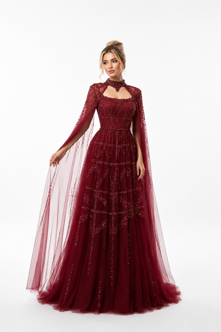 Embellished Cape Evening Gown – SCARLET
