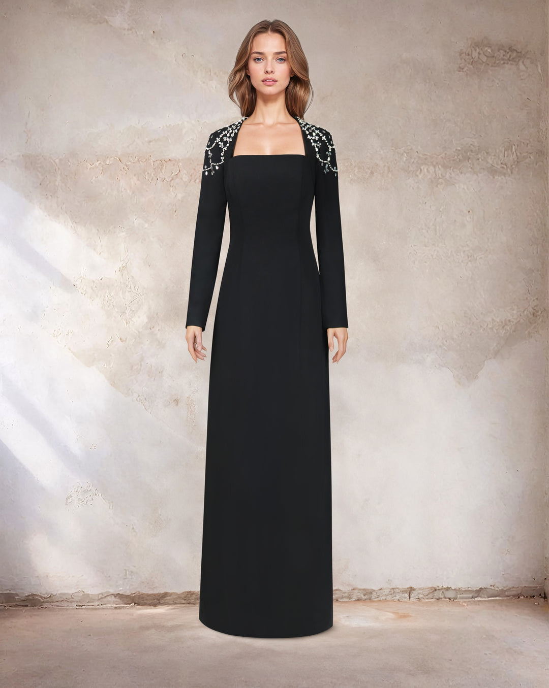 Black column dress with beaded shoulders and long sleeves -ODD-Telqo