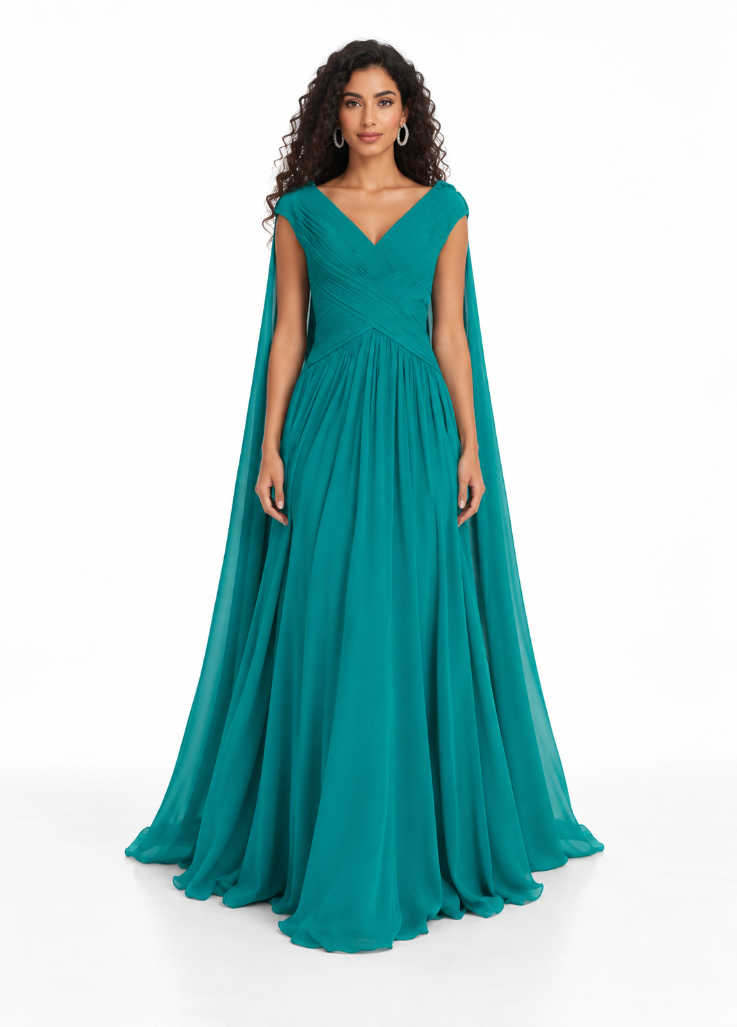 Ruched V-Neck Chiffon Evening Gown - Tealoria