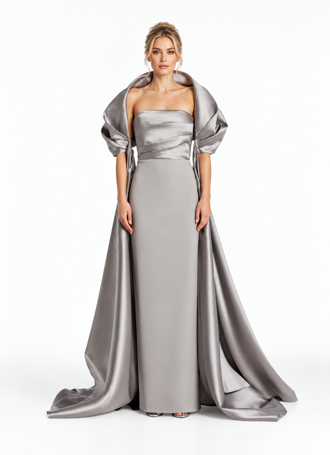 Sculptural Satin Cape Evening Gown - Silvaria
