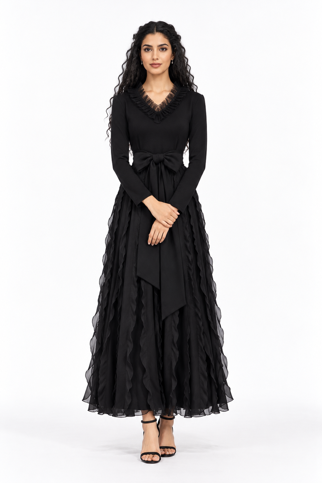 Feather Neckline Layered Midi Dress - Noiresta