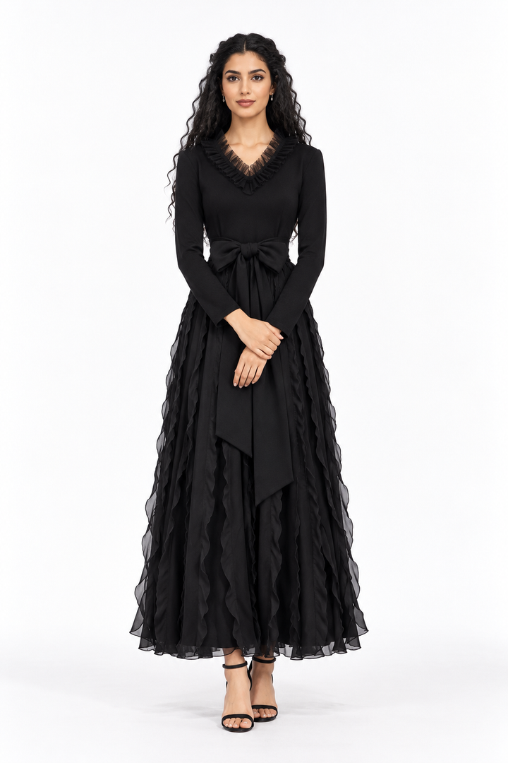 Feather Neckline Layered Midi Dress - Noiresta
