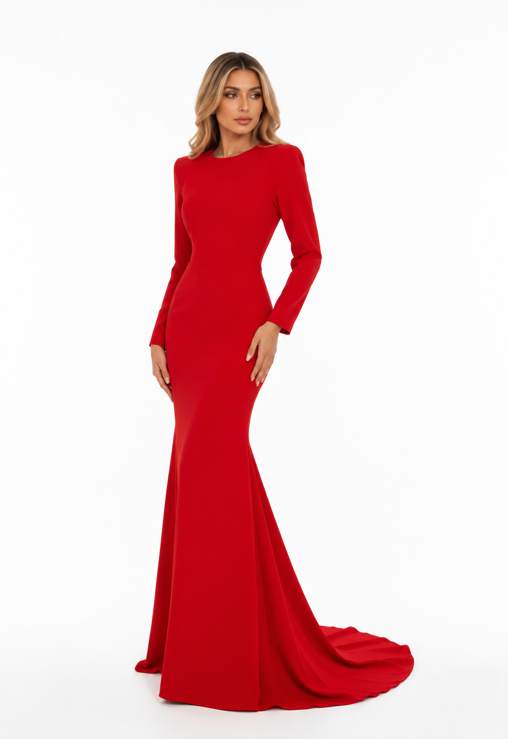 Sculpted Long-Sleeve Mermaid Gown - Scarlet