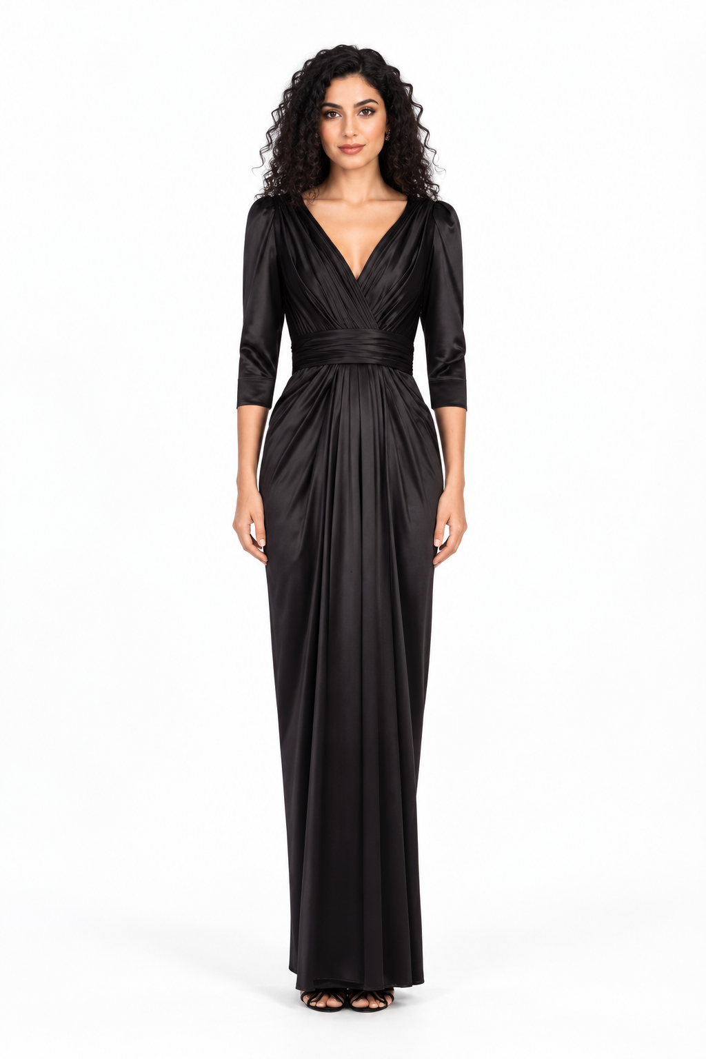 Ruched V-Neck Satin Evening Gown - Nocturne