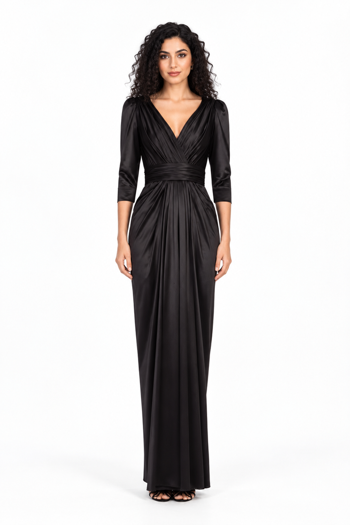 Ruched V-Neck Satin Evening Gown - Nocturne