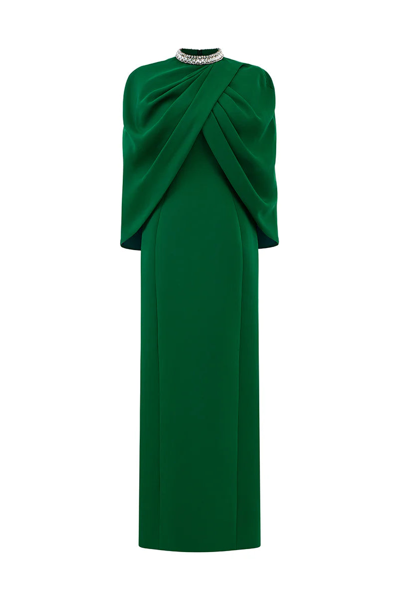high-neck column gown with draped cape overlay – VERDEH