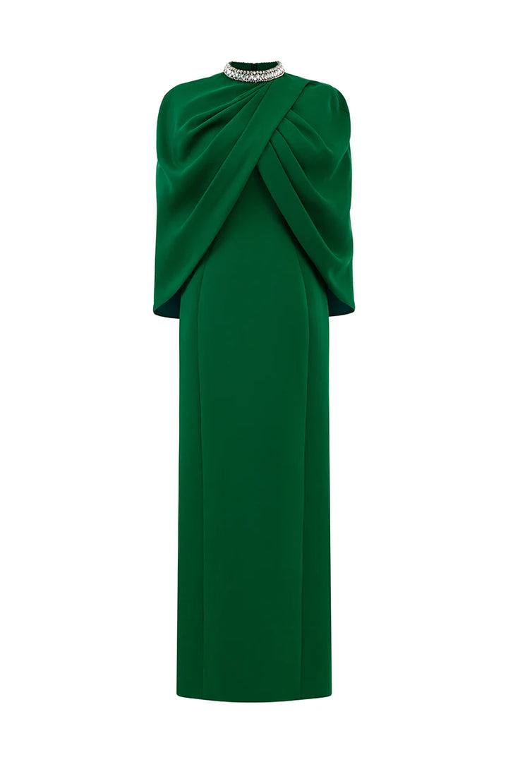 high-neck column gown with draped cape overlay – VERDEH
