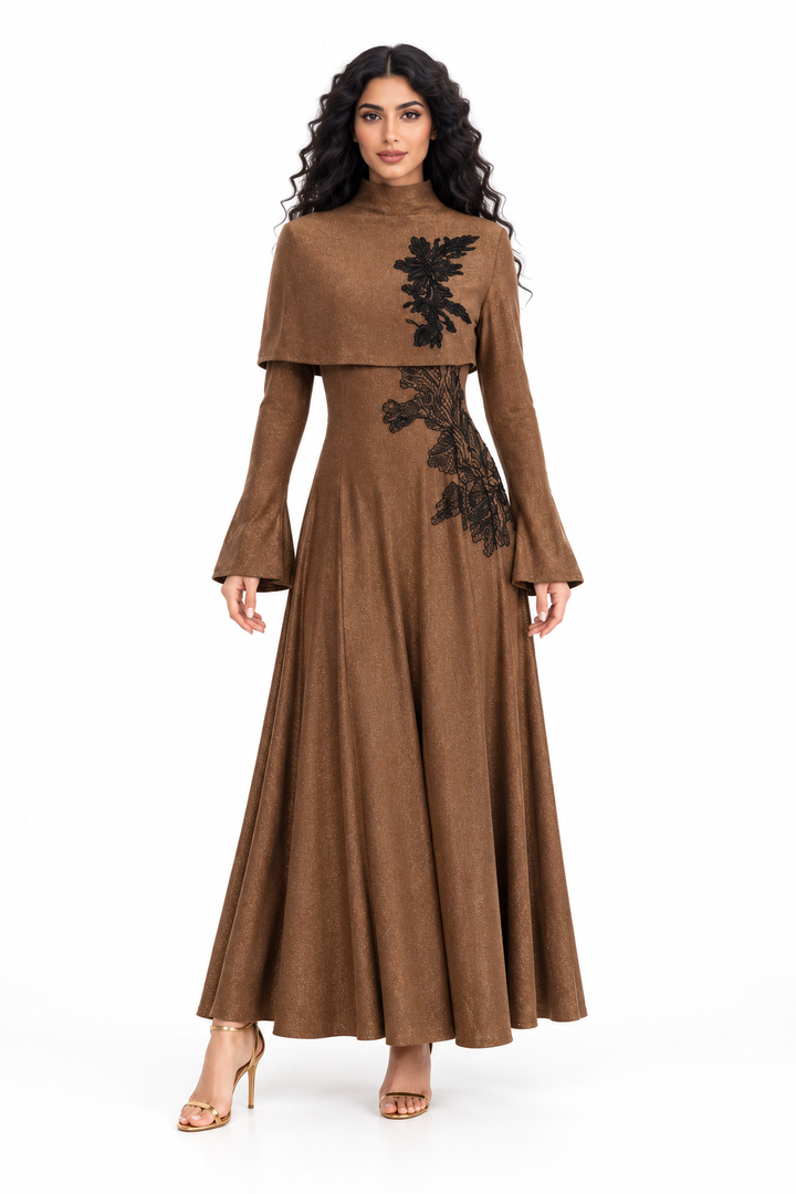 Embroidered Cape Overlay Midi Dress - Mochaire