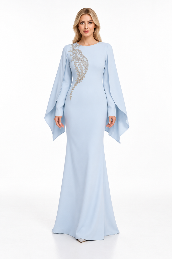 Embellished Cape Sleeve Fishtail Maxi Dress – Celestara