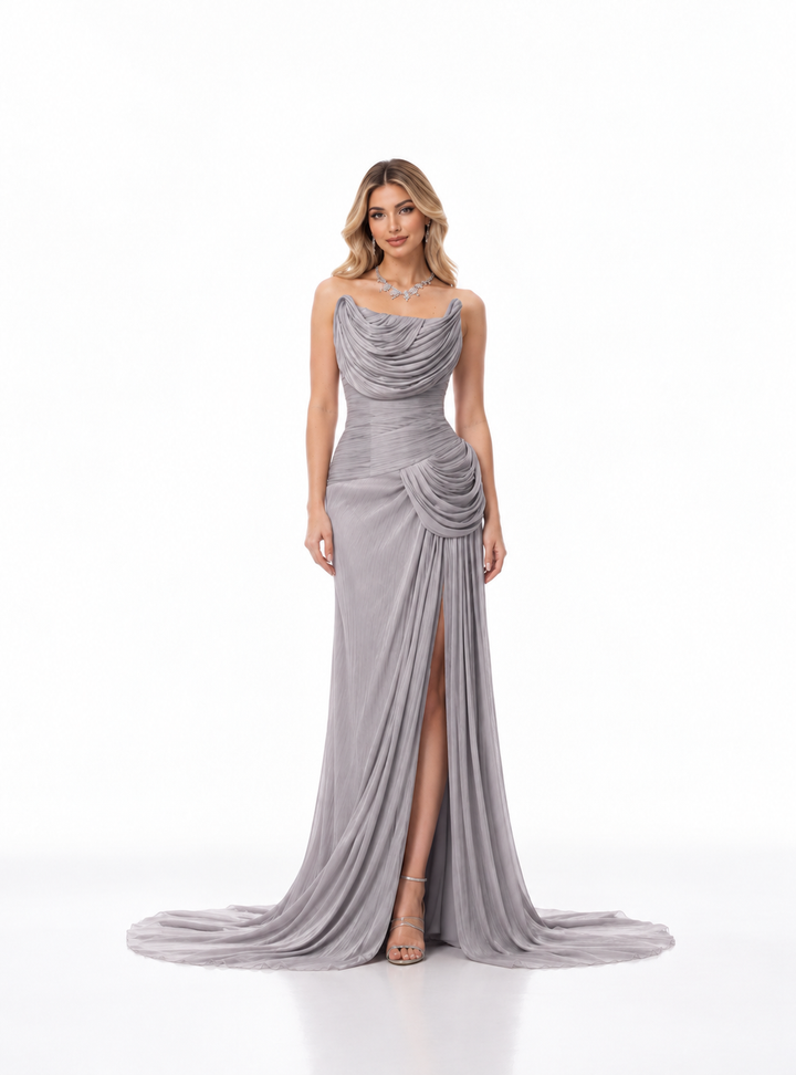 Silver Grey Draped Ruched Maxi Dress - Amara