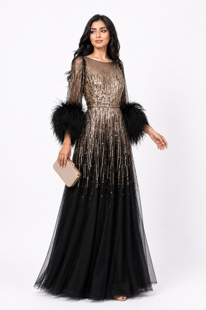 Feather Cuff Sequin Tulle Gown – FUCHSIA