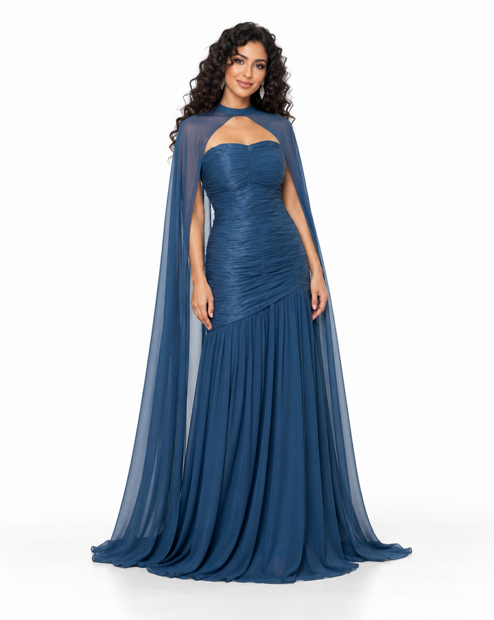 Ruched Cape Gown with Sculpted Bodice - Virelune