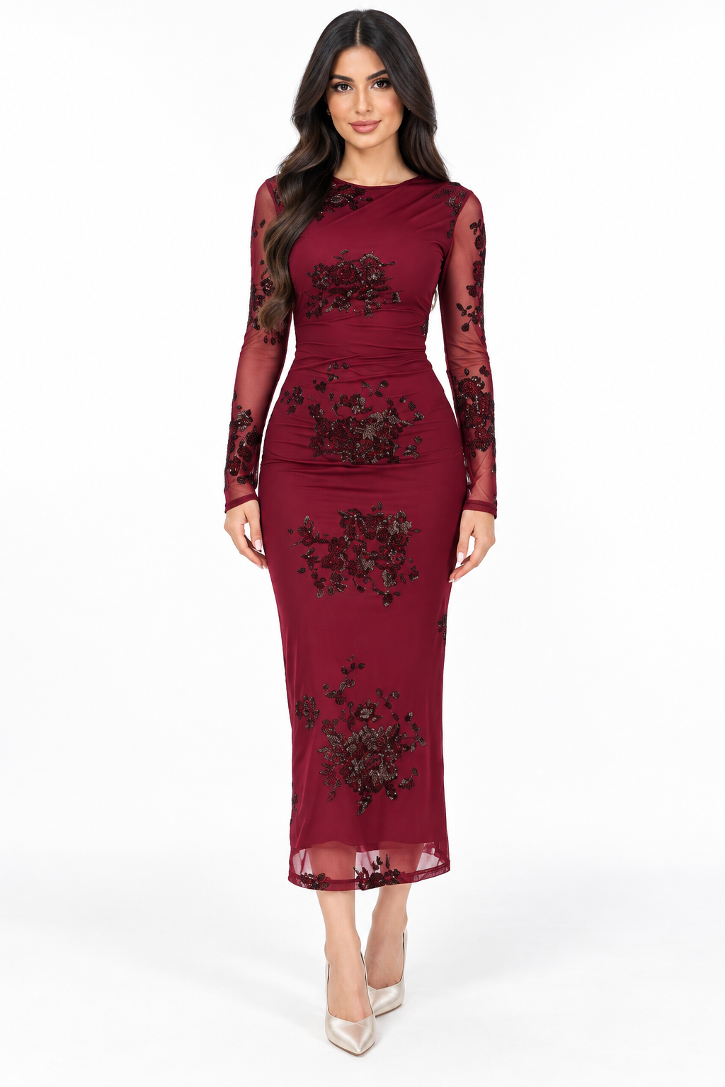 Embroidered Mesh Midi - Garnet