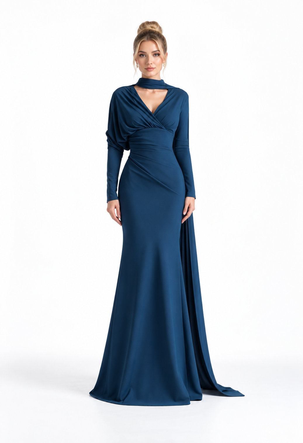 Ruched V-Neck Scarf Evening Gown - Ocevara