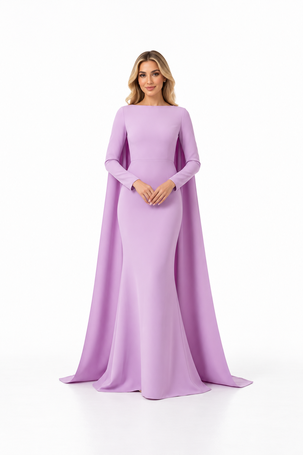 Long-sleeve cape gown with fitted waist – ODD- AMETHYST