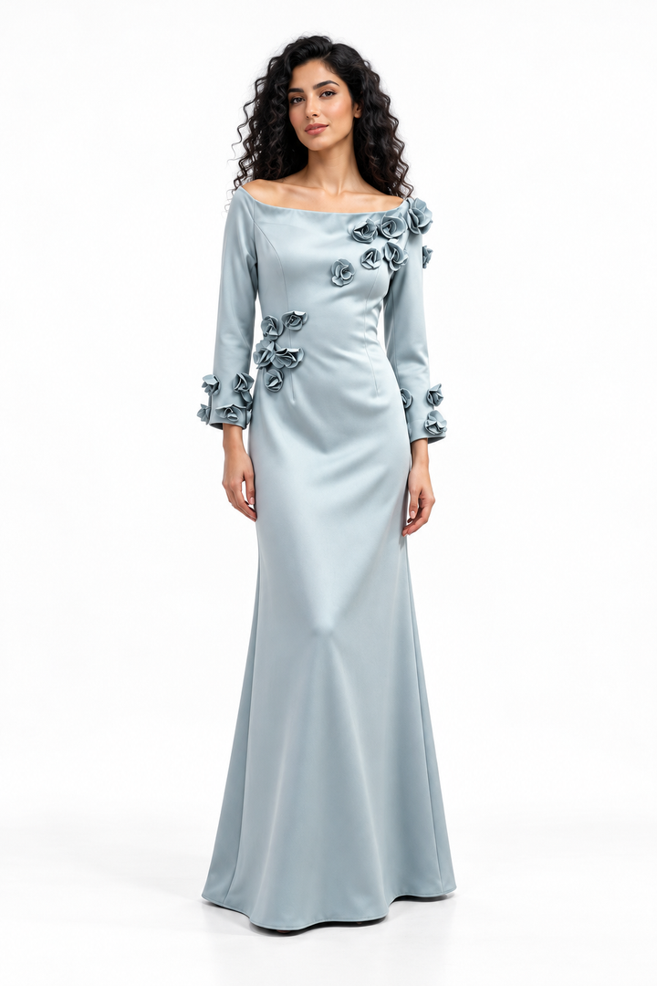 Floral Appliqué Off-Shoulder Evening Gown - Silvara
