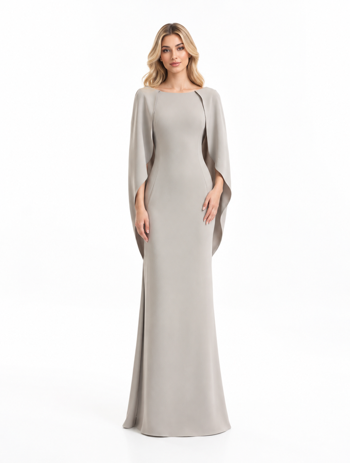 Soft Grey Sculpted Cape Maxi Dress - Elodie