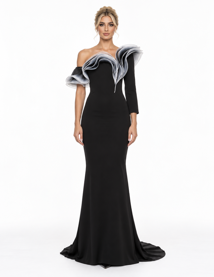 Sculpted Ruffle One Shoulder Maxi Dress – Vespera