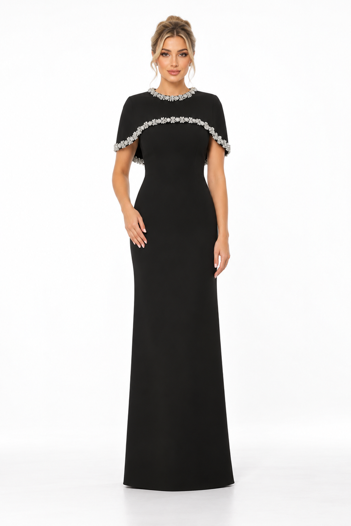 Embellished Cape Neck Column Maxi Dress – Celestine