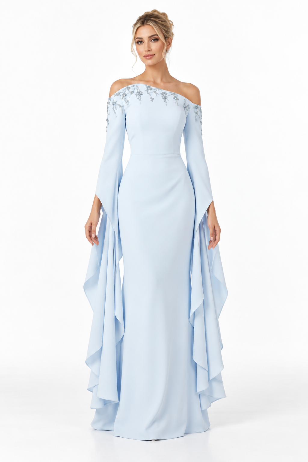 Embellished Off-Shoulder Draped Sleeve Maxi Dress – Skyelle