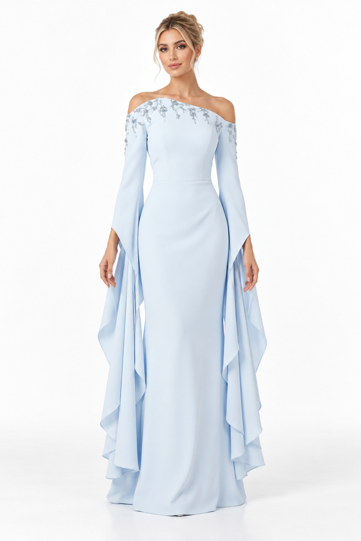 Embellished Off-Shoulder Draped Sleeve Maxi Dress – Skyelle