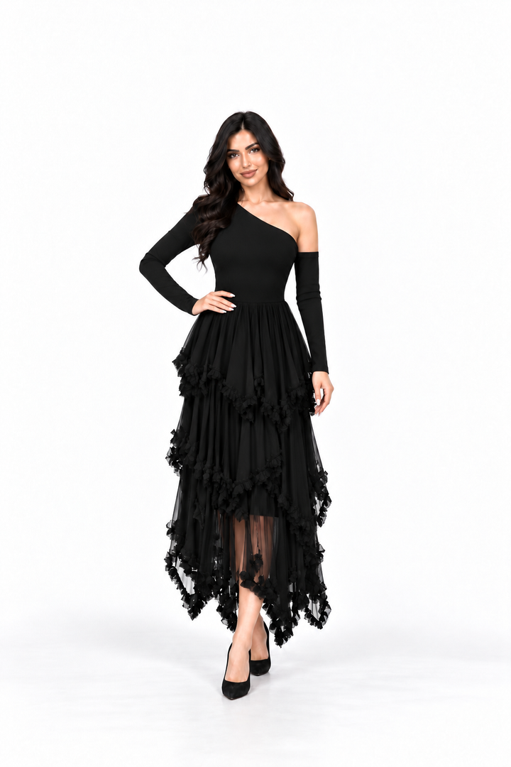 Black One Shoulder Ruffle Tulle Midi Dress - Selena