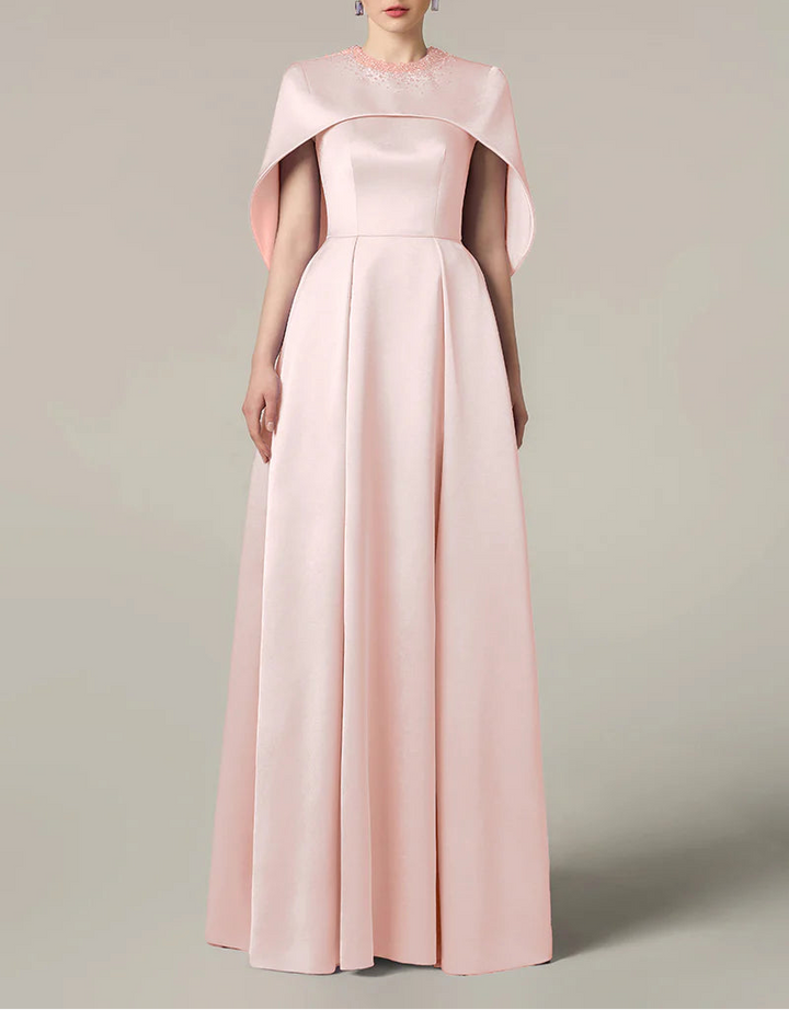 embellished cape gown in blush satin – AURELIA