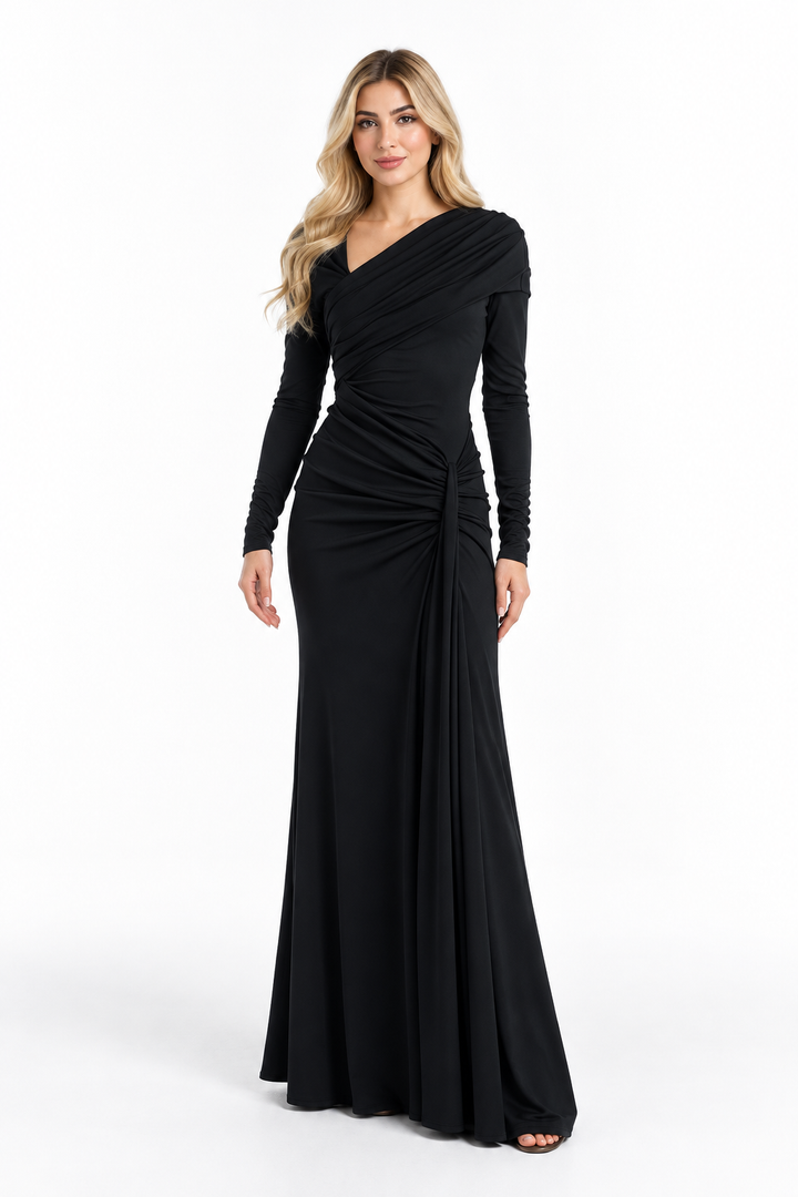 Black Draped Off-Shoulder Maxi Dress - Selene