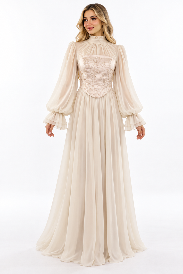 Embroidered Corset Chiffon Dress - Ecru