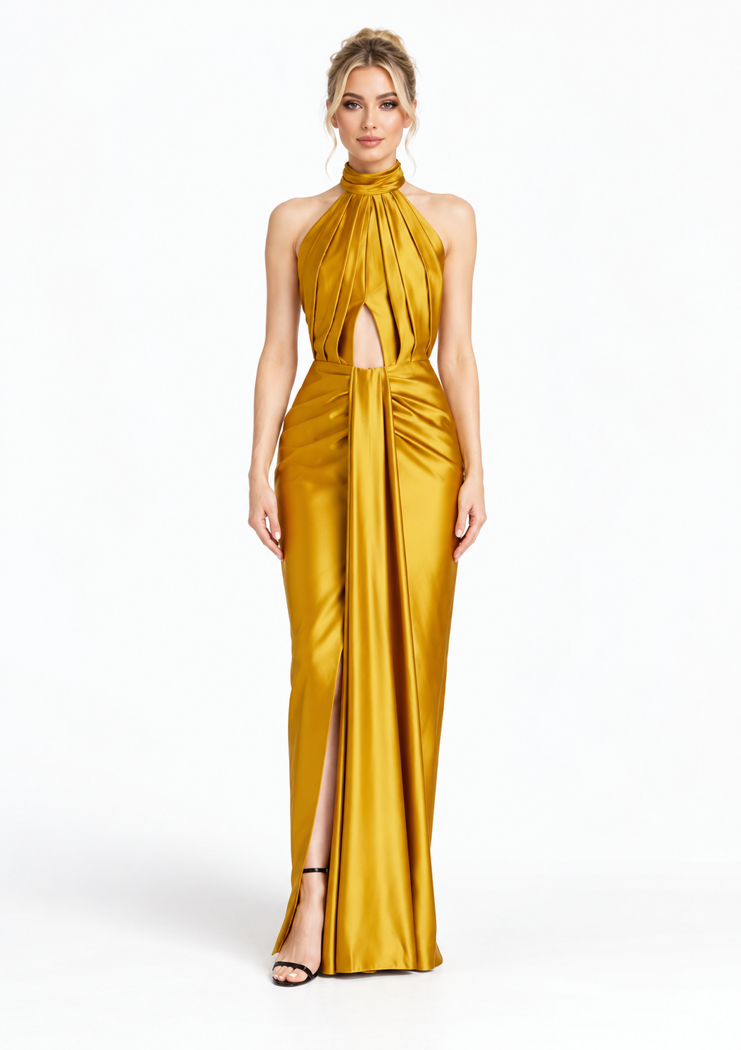 Halter Draped Satin Cutout Evening Gown - Aurevia