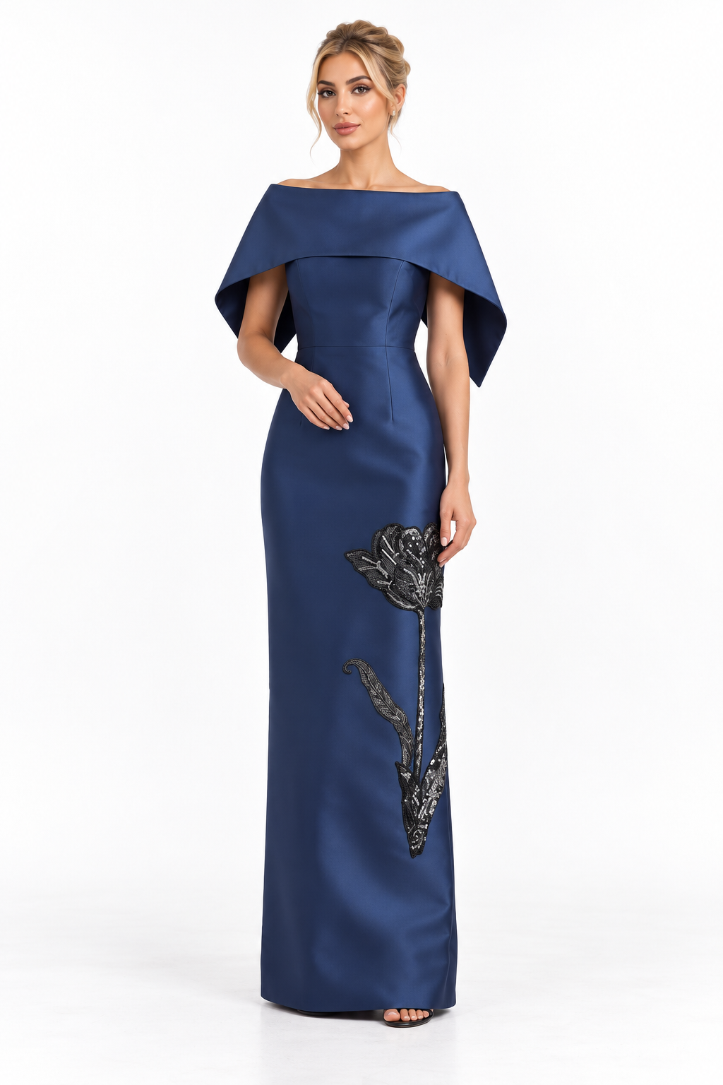 Sculpted Cape Neck Column Maxi Dress – Navelle