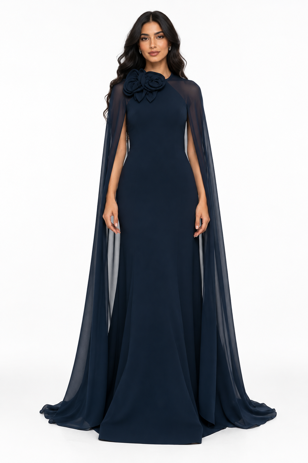 Navy Blue Floral Cape Maxi Dress - Elowen