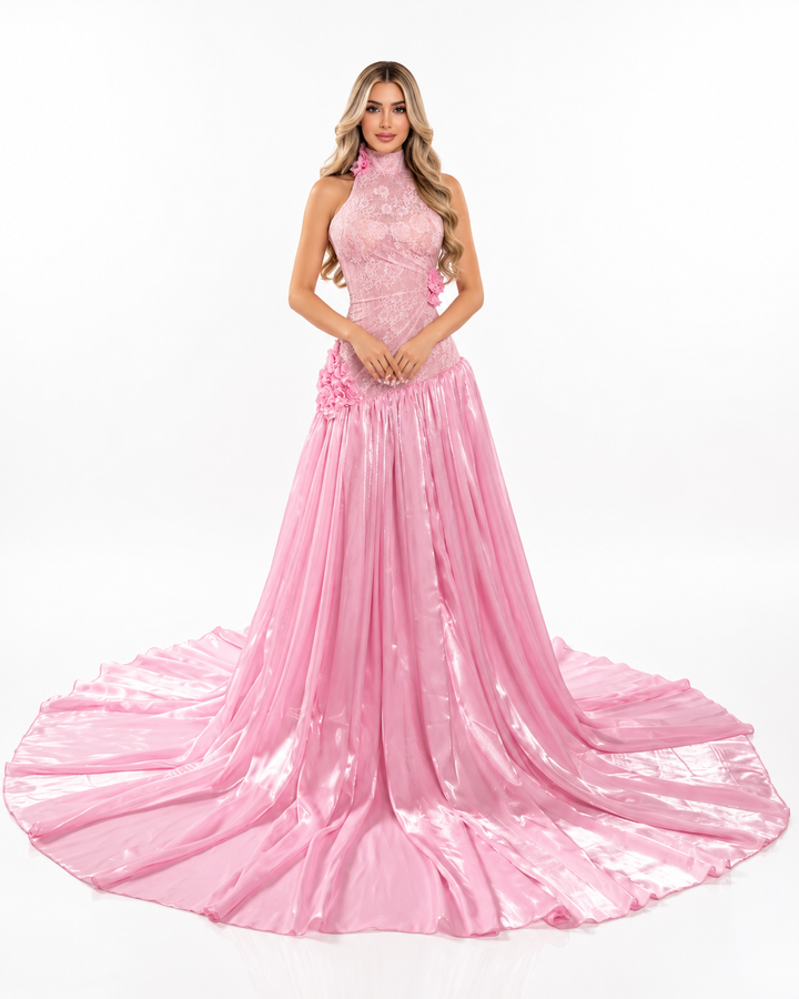Embroidered Halter Grand Train - Pinkora