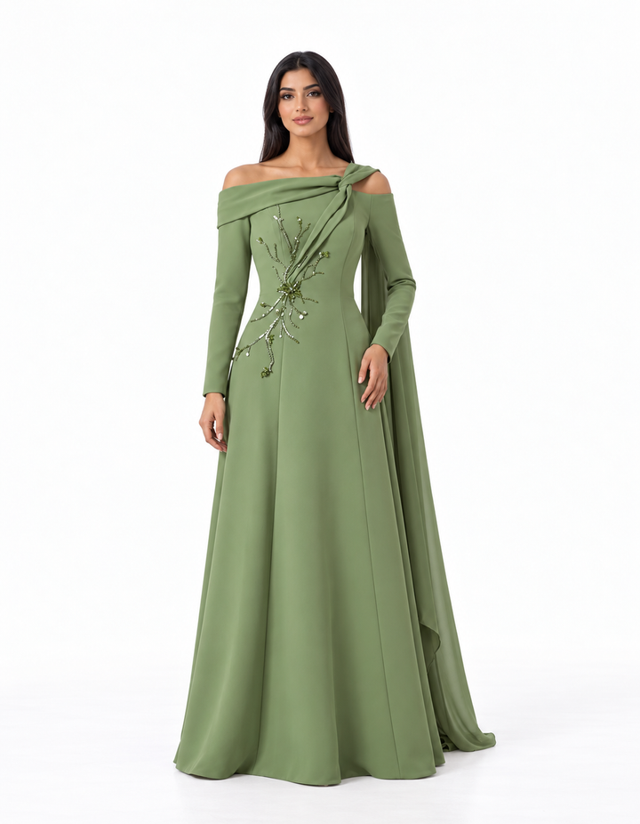 Embellished Off-Shoulder Long Sleeve Maxi Dress – Selvara