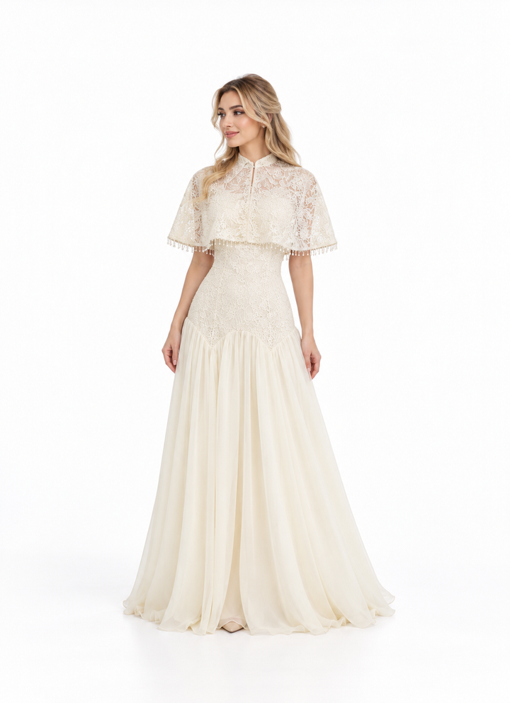 Cape Overlay Embroidered Evening Gown - Elvarine