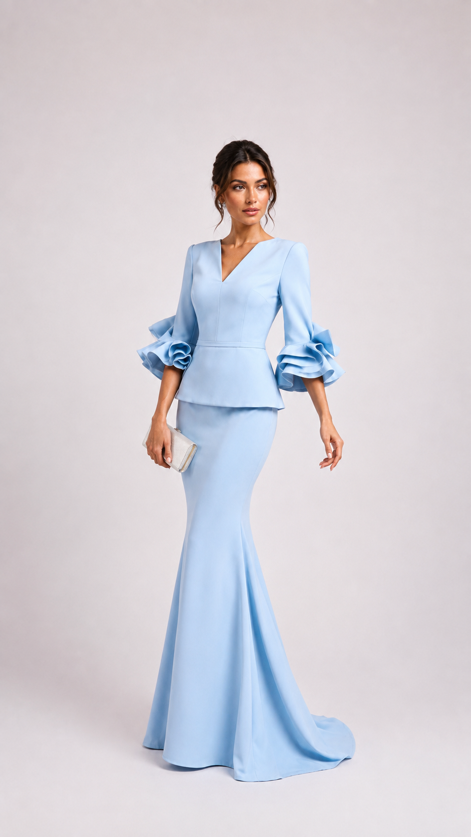 Powder Blue Ruffle Sleeve Peplum Mermaid Dress – AZURELLE