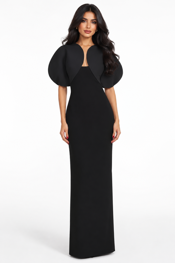 Sculpted Petal-Sleeve Gown – Noir