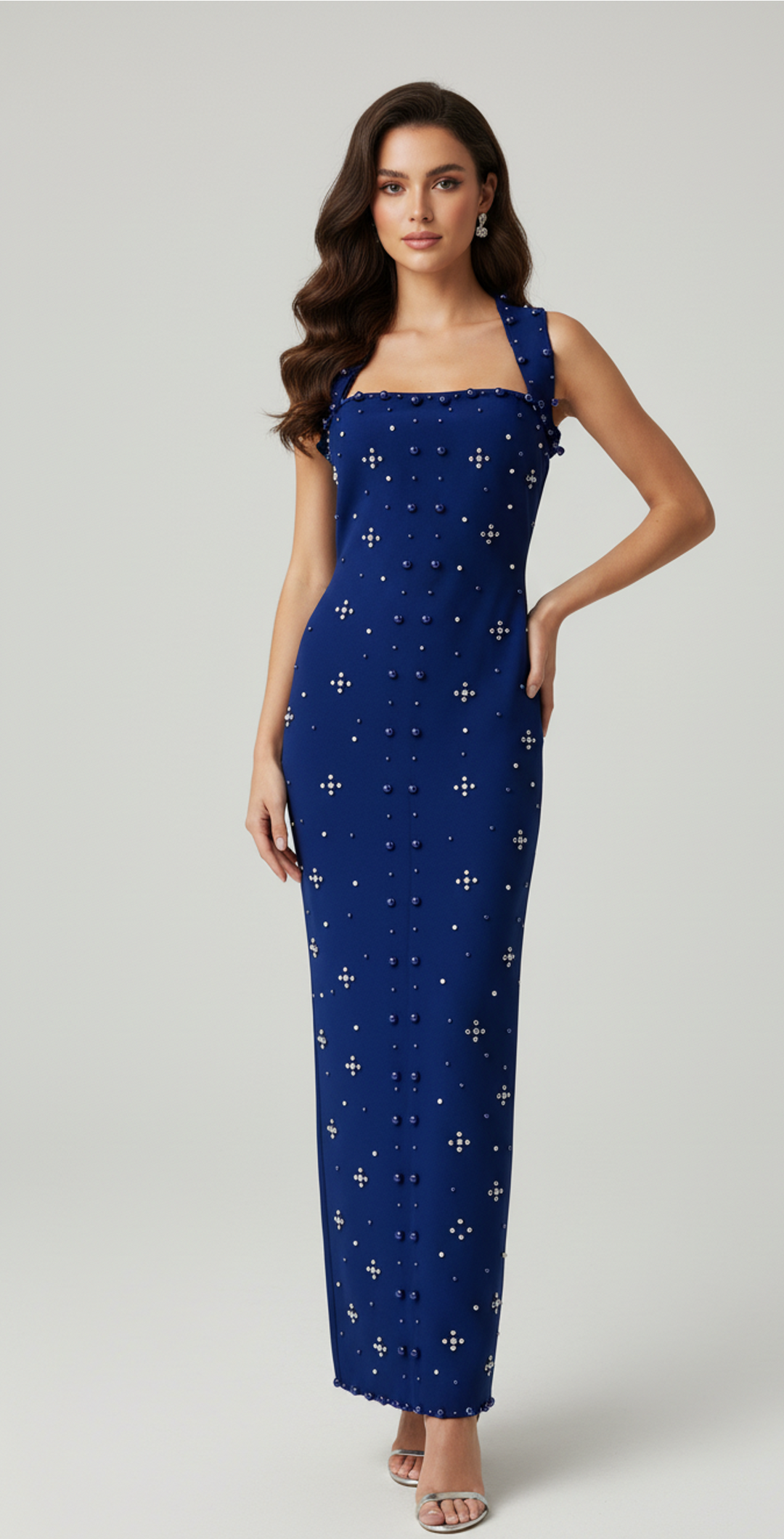halter column dress with crystal stud detailing – FUCHSIA