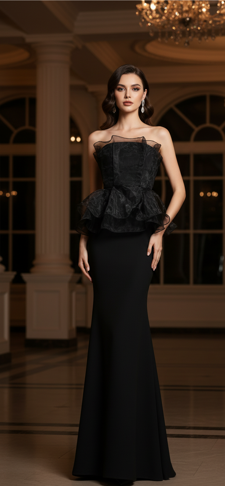 فستان حورية البحر بدون حمالات بتصميم بيبلوم مع طبقة من الأورجانزا - بيل