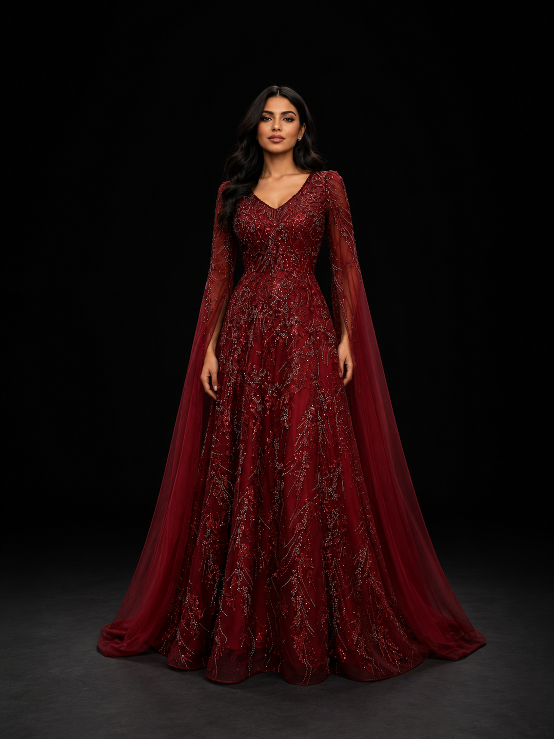 Embellished Cape Sleeve Gown – RUBINA