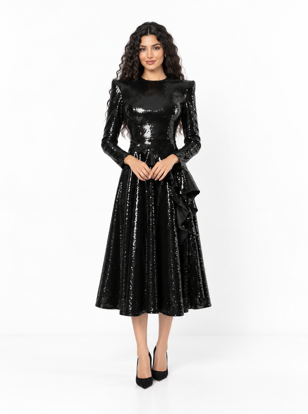 Sequin Ruffle Waist Midi Dress - Onyxia