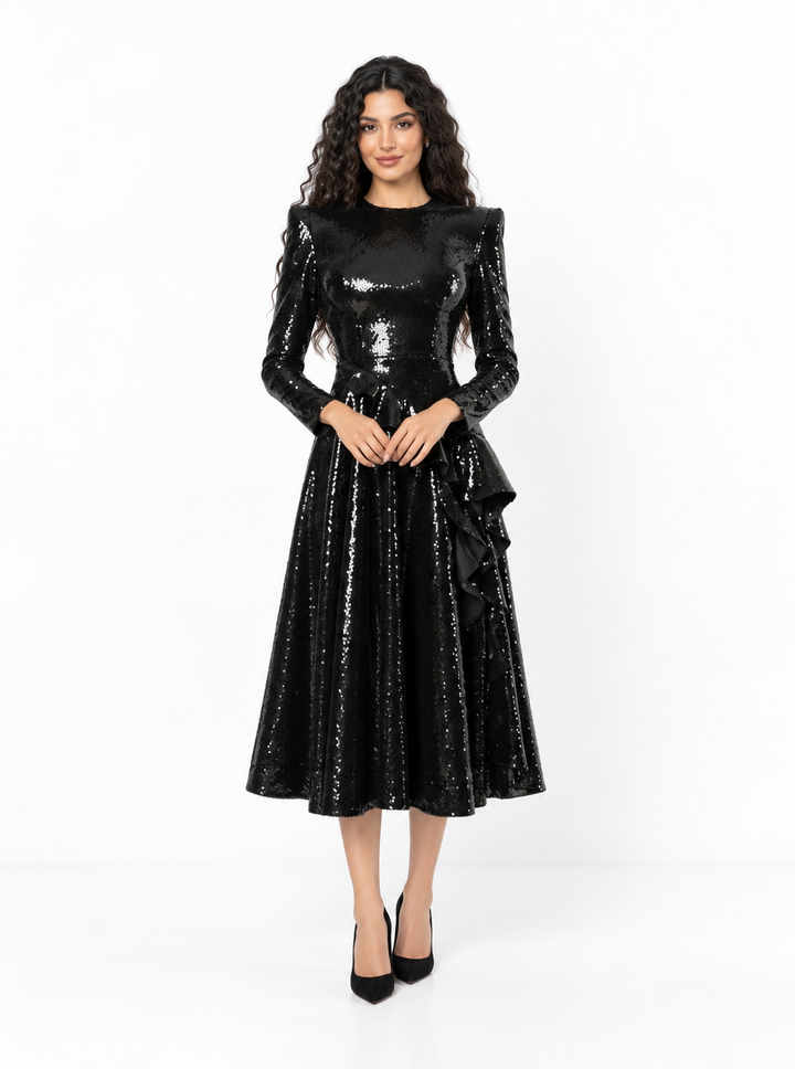 Sequin Ruffle Waist Midi Dress - Onyxia