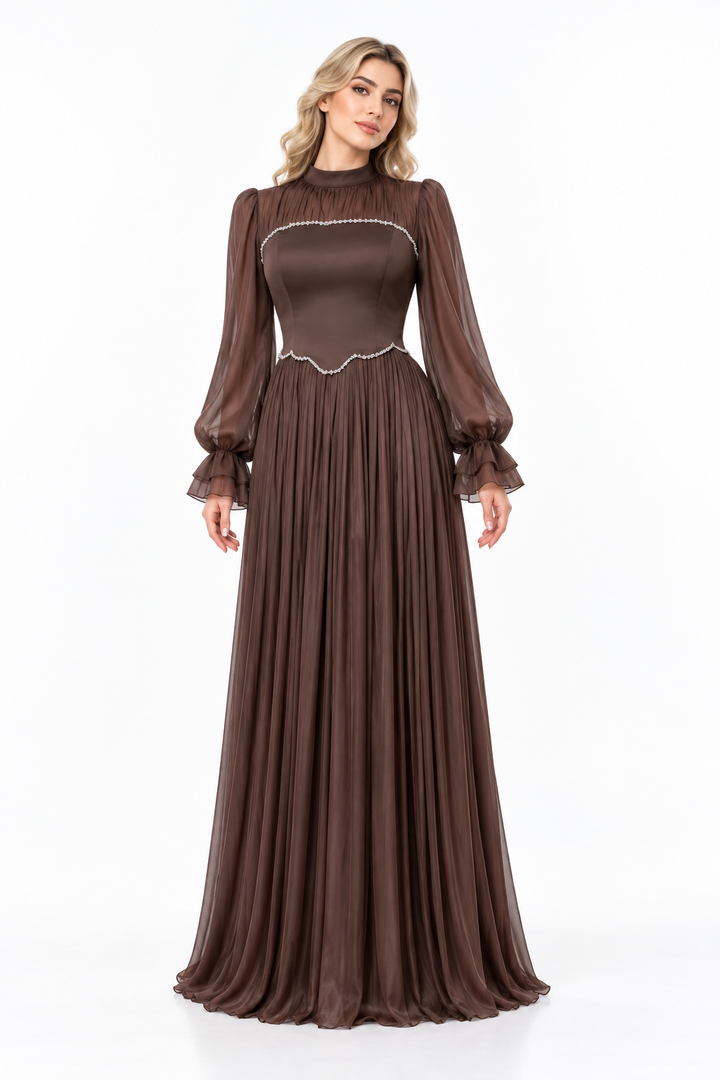 Pleated Satin Corset Gown - Mocha