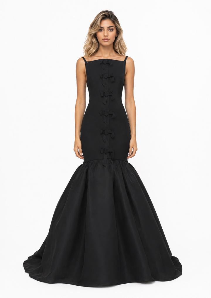 Black Bow-Detail Mermaid Evening Gown – NOCTURNA
