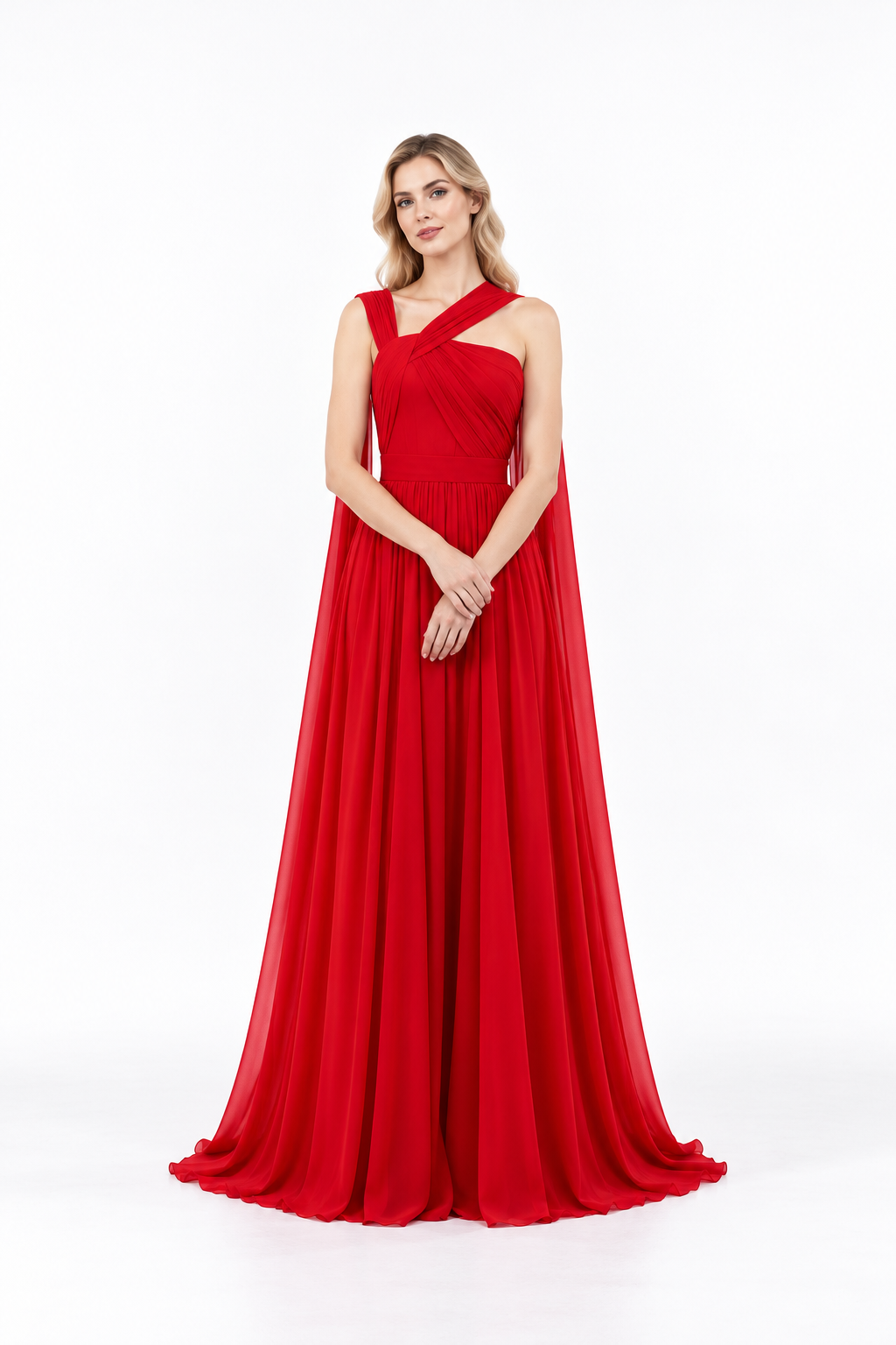 Asymmetric Draped Pleated Evening Gown - Rubienne