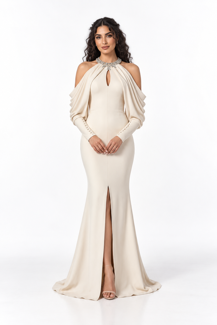 Crystal Halter Draped Sleeve Evening Gown - Elowen