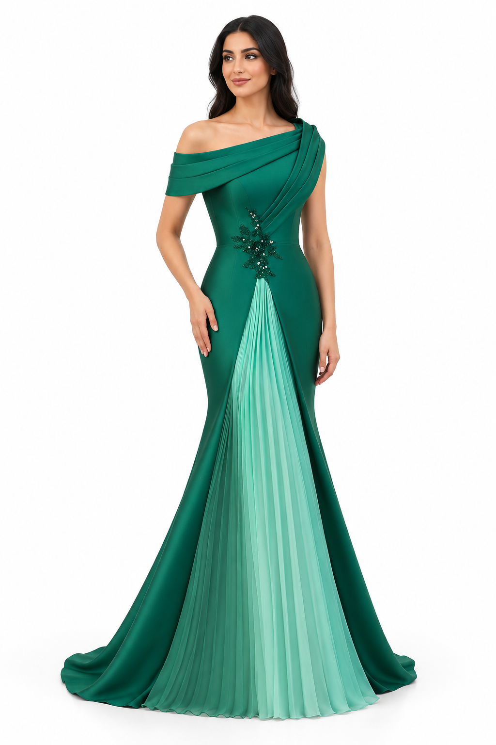 Asymmetric Off-Shoulder Pleated Panel Maxi Dress – Emerelle