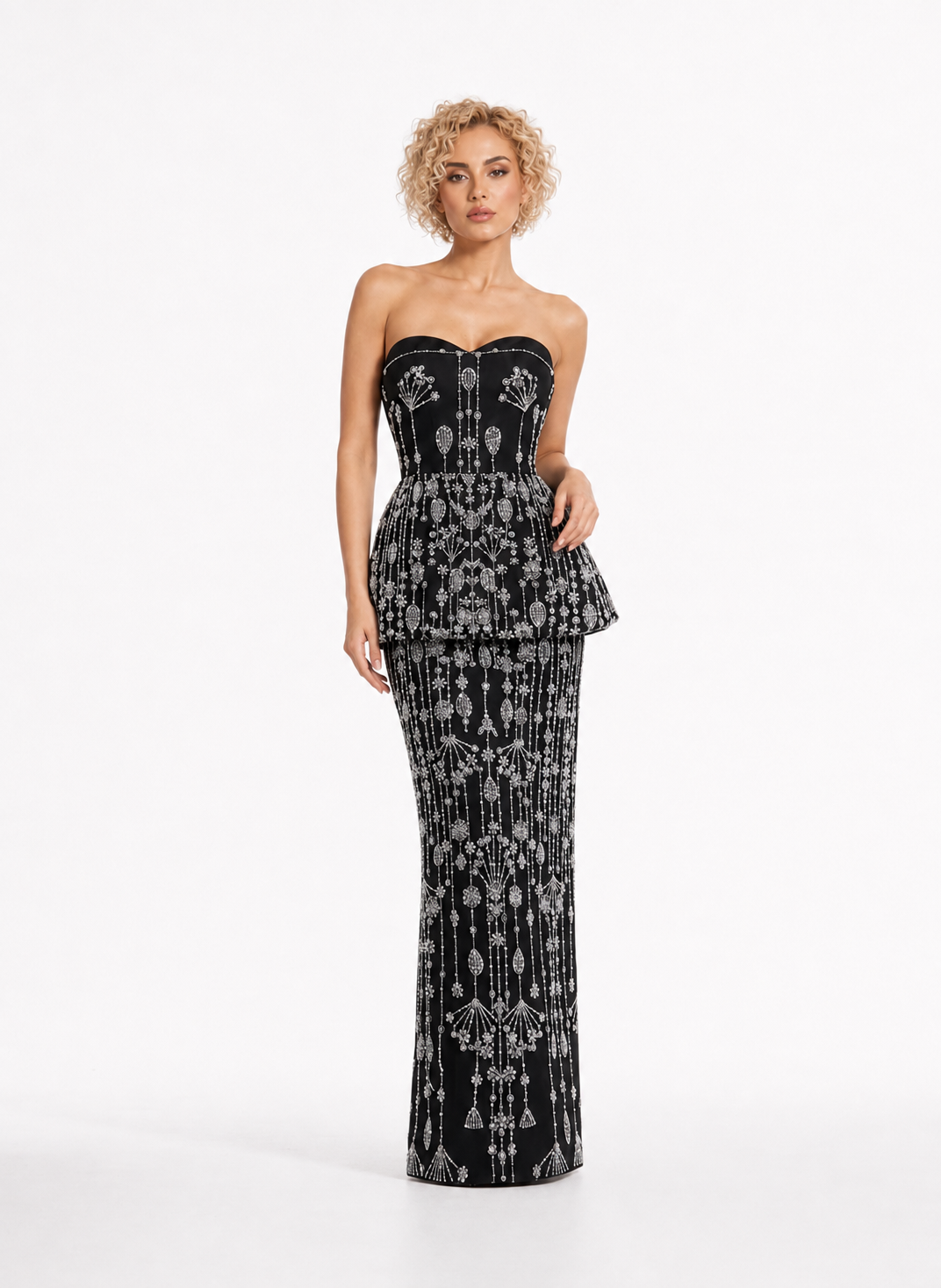 Crystal Embellished Peplum Gown – NOIRE