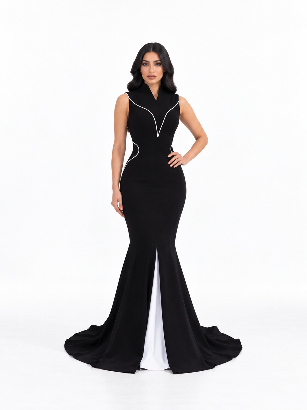 Contrast Piping Mermaid Gown - Onyx