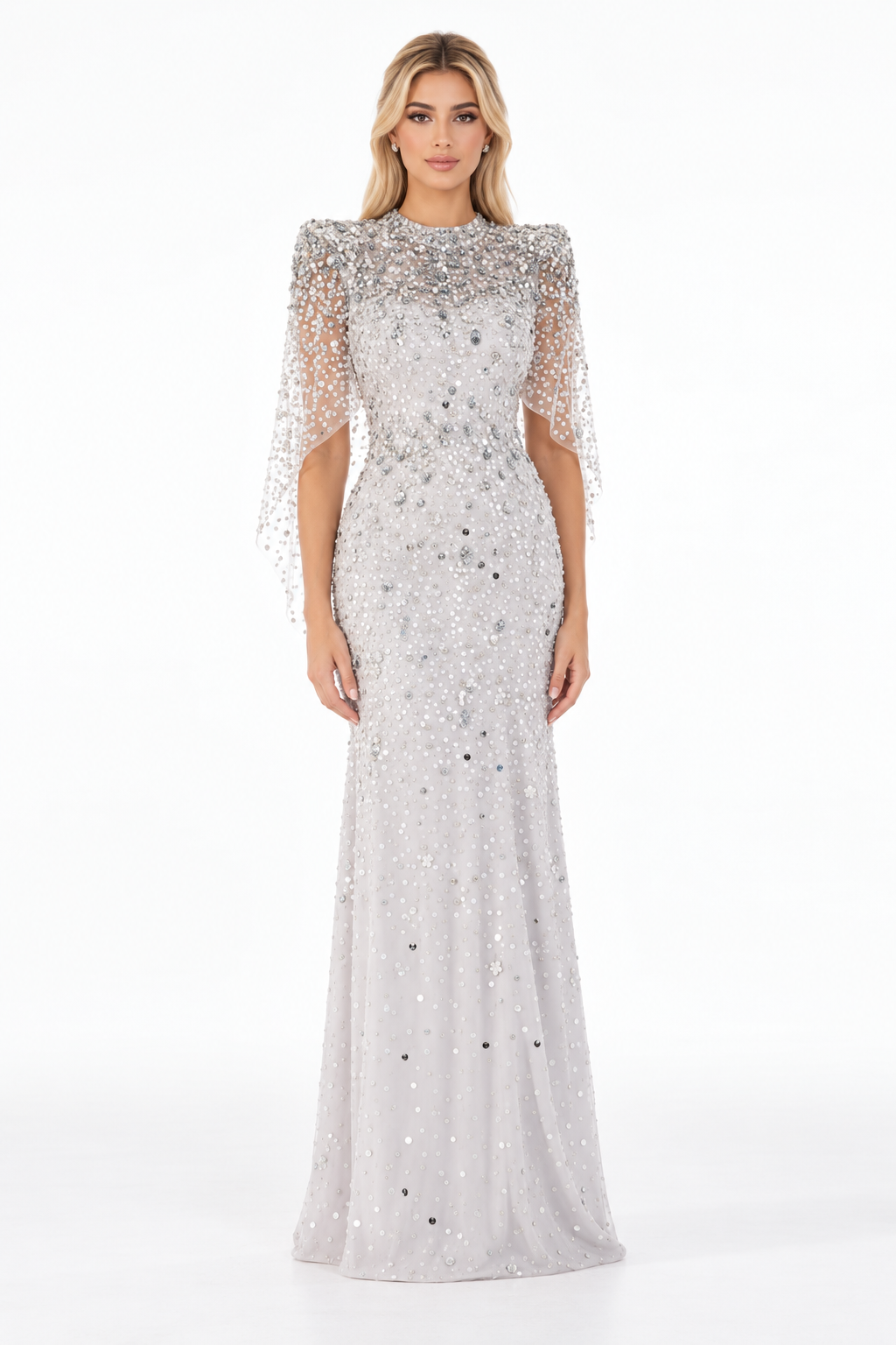 Embellished Cape Sleeve Fishtail Maxi Dress – Aurevine